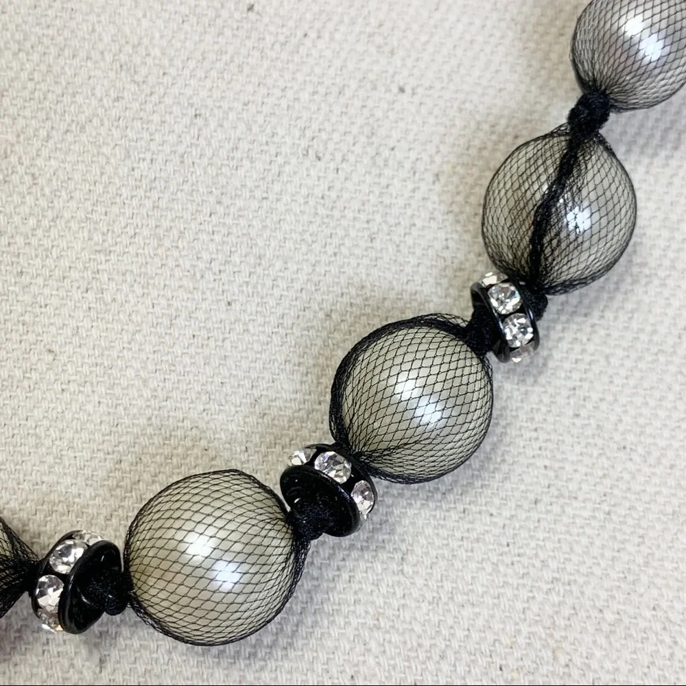 Black Satin Ribbon Mesh Faux Pearl Necklace